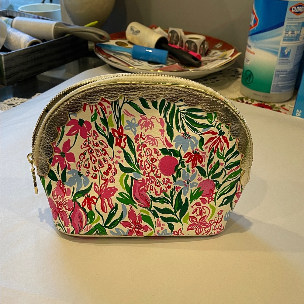 Lilly Pulitzer Scallop Cosmetic Pouch in the "Glowing Gardens" travel cosmetic